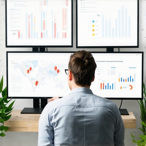 Person reviewing local SEO data with maps and KPI visualizations