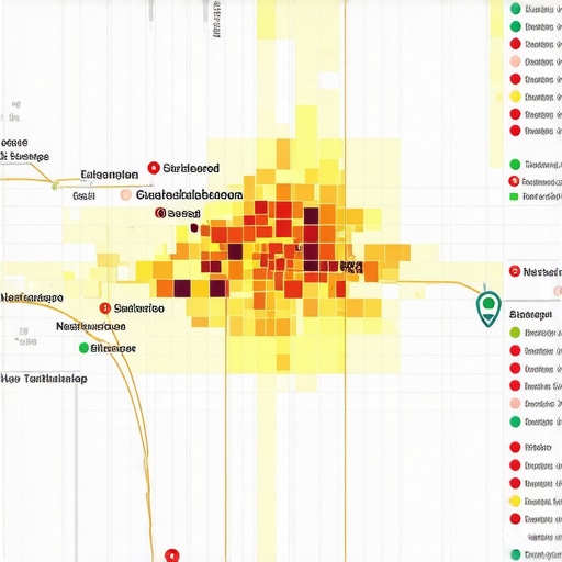 Advanced Map-Based KPIs for Local SEO A detailed geographic map with visualized SEO KPIs, heatmaps, and neighborhood clusters