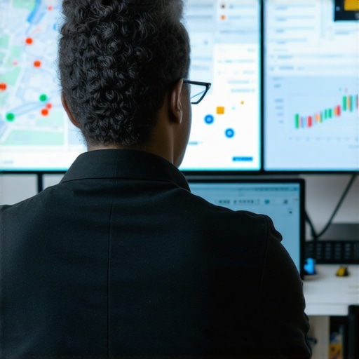 A professional analyzing local SEO map rankings and KPI visualizations on a digital dashboard