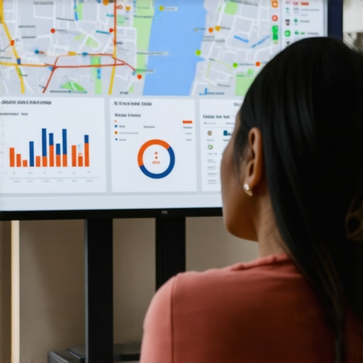 Expert Analyzing Local SEO Data with Maps and KPIs Person analyzing local SEO performance using maps and KPI dashboards