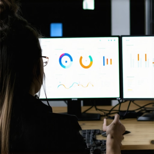 An individual reviewing detailed SEO and rank tracking dashboards on a multi-screen setup