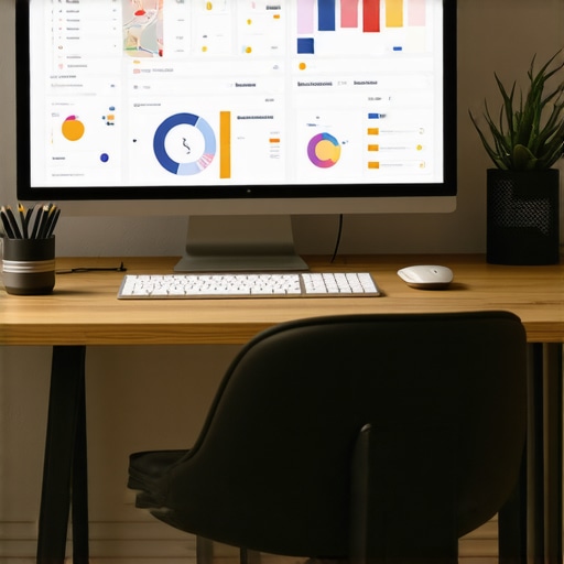 A professional workspace with multiple screens displaying local SEO analytics and KPI visualizations.