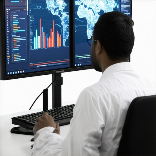 SEO analyst managing KPI dashboards and analytics on multiple screens.