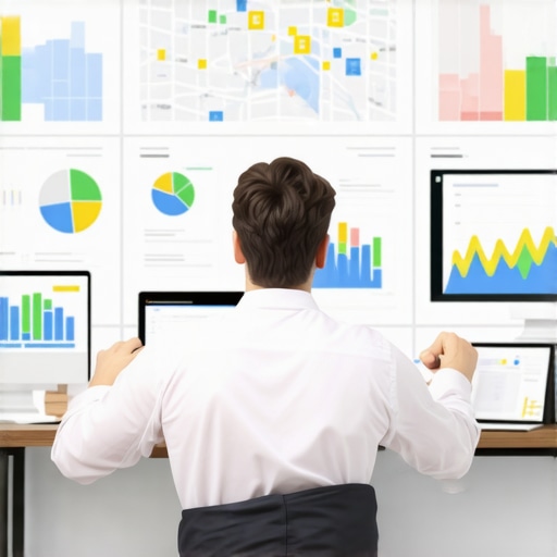 Person analyzing local SEO data dashboards with maps and graphs.