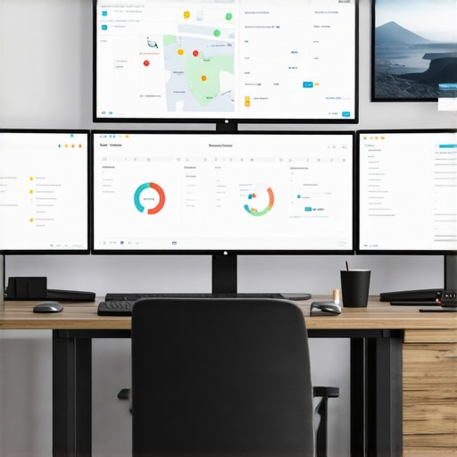 Maintaining Accurate Local SEO Data Modern workspace with SEO dashboards and maps for data maintenance.