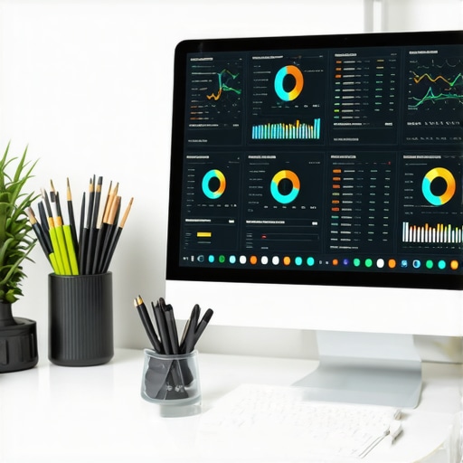 A desktop with multiple screens showcasing SEO KPI visualizations and maps