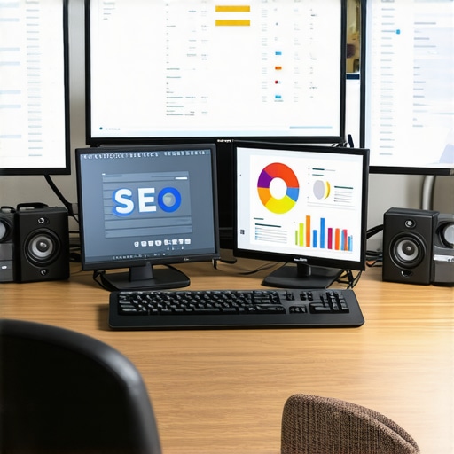 Office desk with screens displaying SEO and analytics dashboards