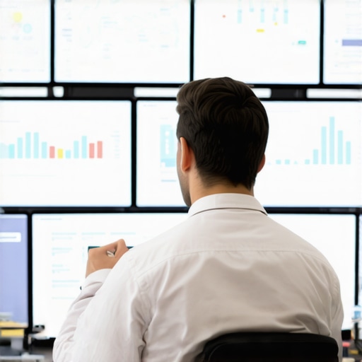 SEO analyst analyzing local map rankings on multiple screens with data dashboards.