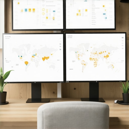 A person analyzing SEO dashboards on dual monitors with maps and KPIs.