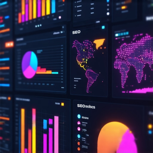 Close-up of a digital dashboard showing SEO KPIs, maps, and charts with vibrant colors
