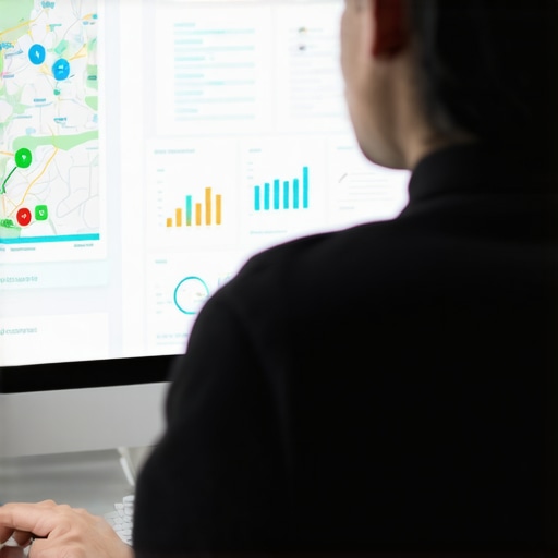 Person reviewing SEO dashboards with maps and KPI graphs