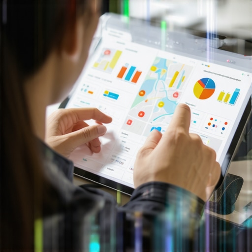 Person reviewing map data analytics on a tablet with visual charts and correction indicators.