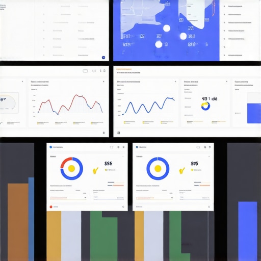 Multiple monitors displaying SEO KPIs, maps, and analytics dashboards, illustrating tools used for maintaining SEO insights