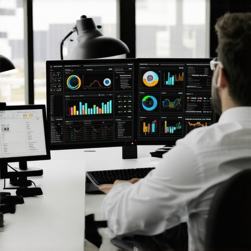 SEO analyst analyzing data on dual monitors with ranking and KPI dashboards.