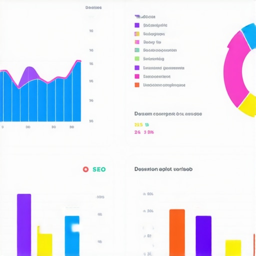A detailed digital dashboard showcasing various SEO KPIs with colorful graphs and analytics