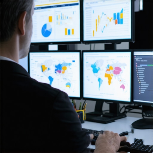 A researcher analyzing SEO and map ranking data on computer screens, illustrating data maintenance and software tools.